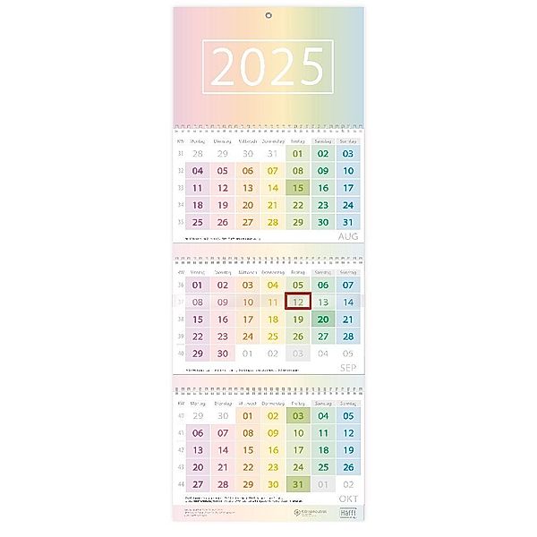 Drei-Monatskalender 2025 Wand-Kalender 12 MONATE [Rainbow]