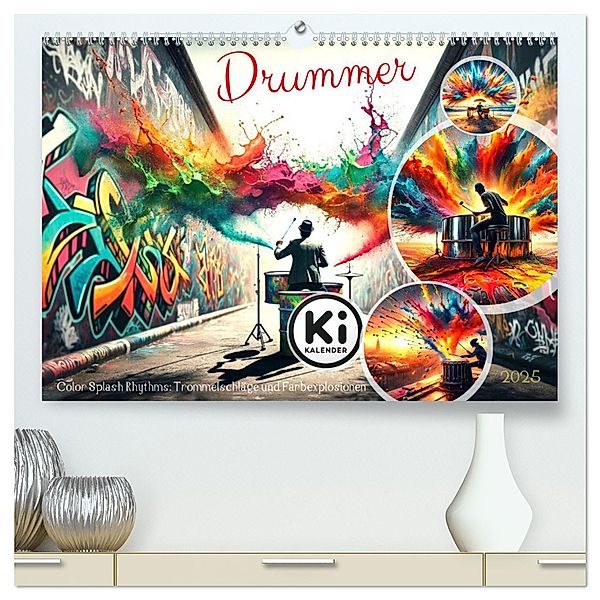 Drummer - Color Splash Rhythms: Trommelschläge und Farbexplosionen (hochwertiger Premium Wandkalender 2025 DIN A2 quer), Kunstdruck in Hochglanz, Calvendo, Marco Warstat