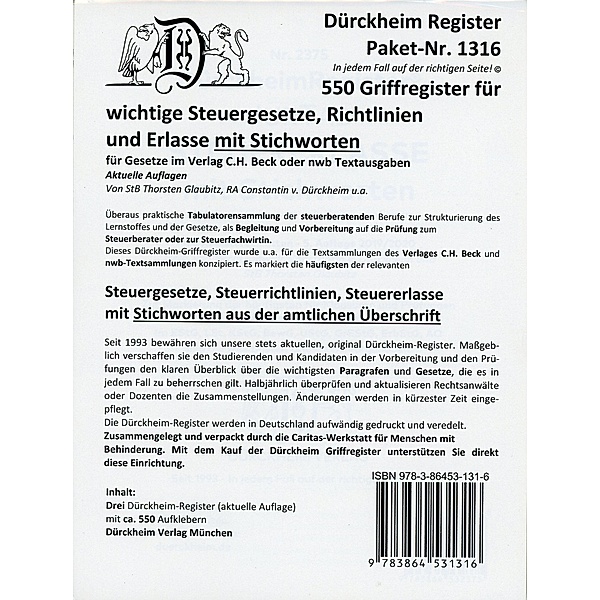 Dürckheim Register Paket 1316. Für Steuerges./Richtlinien