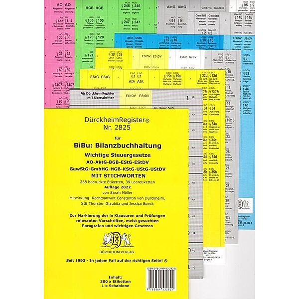 DürckheimRegister® 2825-BiBu- BilanzSteuerrecht - Wichtige Gesetze MIT STICHWORTEN für deine AO-AktG-BGB-EStG-EStR-GmbHG-HGB- KStG-UStG, Sarah Möller