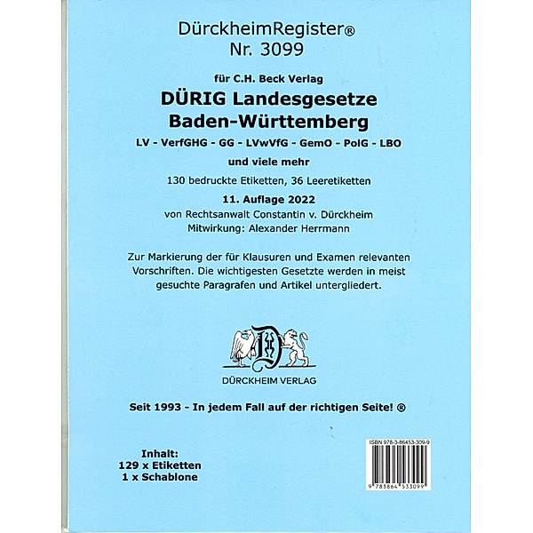 DürckheimRegister® für DÜRIG: BADEN-WÜRTTEMBERG, C.H. Beck Verlag OHNE Stichworte, Constantin von Dürckheim