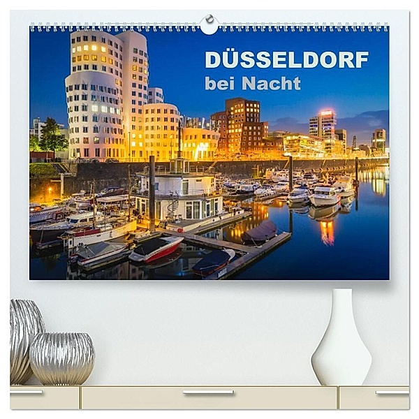 Düsseldorf bei Nacht (hochwertiger Premium Wandkalender 2024 DIN A2 quer), Kunstdruck in Hochglanz, Roland Abel