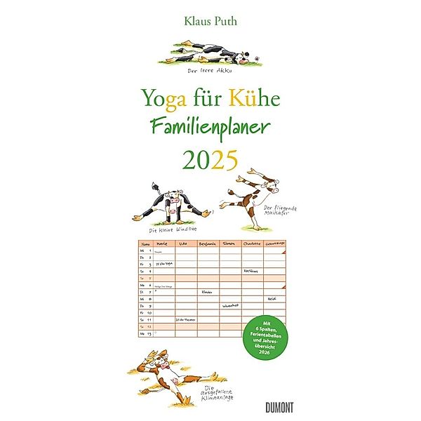 DUMONT - Yoga für Kühe 2025 Familienkalender, 22x49,5cm, Planer mit 6 Spalten für die ganze Familie, Jahresübersicht 2026 und Schulferientabelle, deutsches Kalendarium