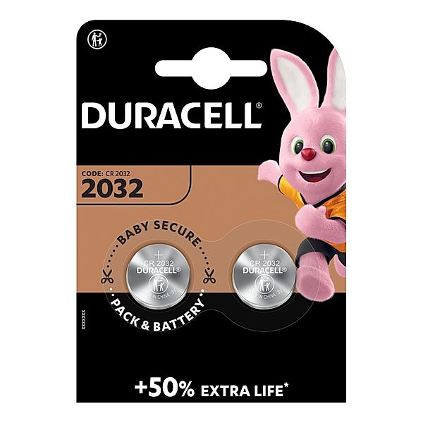 Duracell Knopfzelle CR2032, Lithium, 3 Volt, 2 Blister, Silber