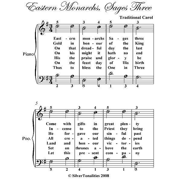 Eastern Monarchs Sages Three Easy Piano Sheet Music, Traditional Carol