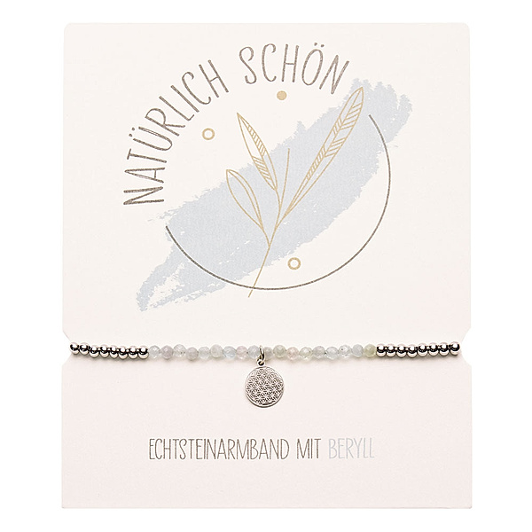 Echtstein-Kugelarmband - Natürlich schön - Beryll - Edelstahl - Blume des Lebens
