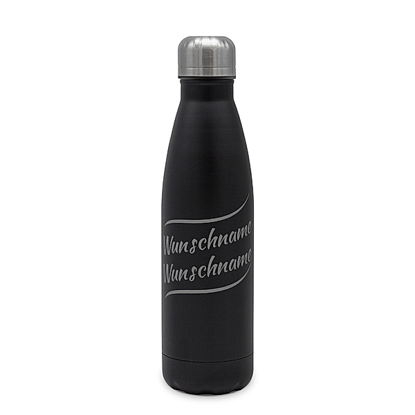 Edelstahl-Trinkflasche mit Namen, 500 ml, schwarz (Motiv: Namen-Welle 2 Zeilen)
