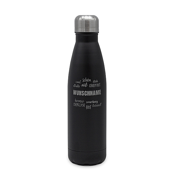 Edelstahl-Trinkflasche mit Namen, 500 ml, schwarz (Motiv: Pos. Eigenschaften)