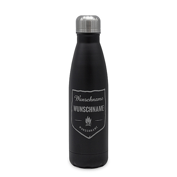 Edelstahl-Trinkflasche mit Namen, 500 ml, schwarz (Motiv: Lagerfeuer)