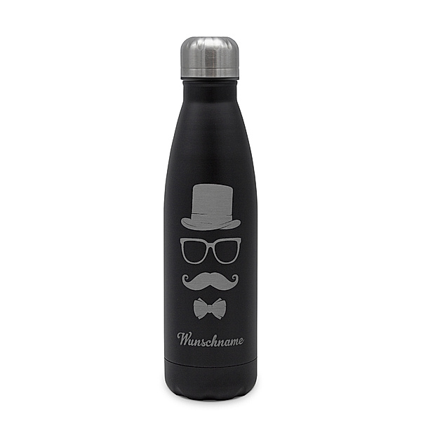 Edelstahl-Trinkflasche mit Namen, 500 ml, schwarz (Motiv: Hipster)