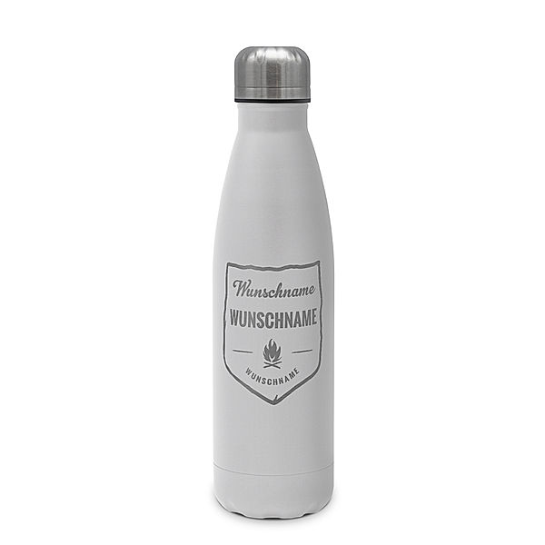 Edelstahl-Trinkflasche mit Namen, 500 ml, weiß (Motiv: Lagerfeuer)