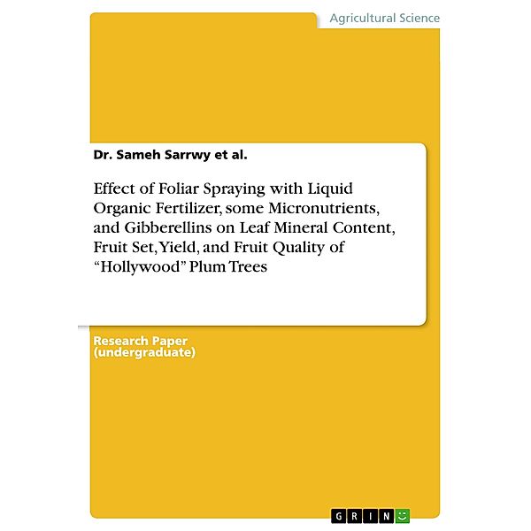 Effect of Foliar Spraying with Liquid Organic Fertilizer, some Micronutrients, and Gibberellins on Leaf Mineral Content, Fruit Set, Yield, and Fruit Quality of Hollywood Plum Trees, Sameh Sarrwy et al.