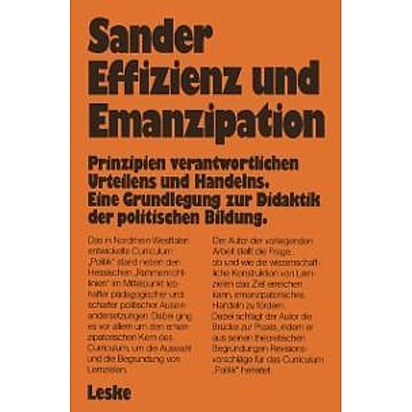 Effizienz und Emanzipation / Schriften zur Politischen Didaktik Bd.14, Wolfgang Sander