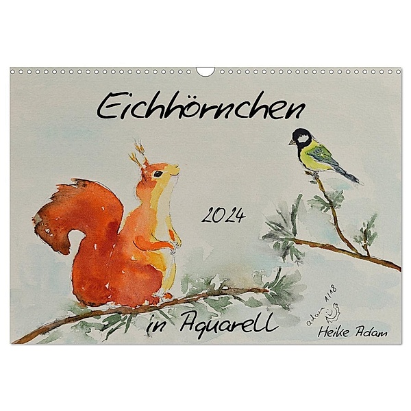 Eichhörnchen in Aquarell (Wandkalender 2024 DIN A3 quer), CALVENDO Monatskalender, Heike Adam