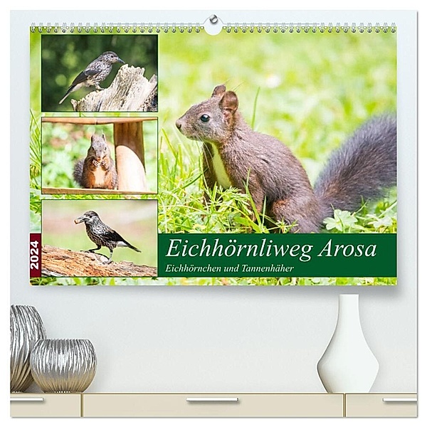 Eichhörnliweg Arosa - Eichhörnchen und Tannenhäher (hochwertiger Premium Wandkalender 2024 DIN A2 quer), Kunstdruck in Hochglanz, Stefanie und Philipp Kellmann