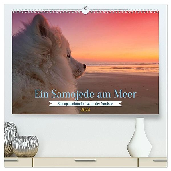 Ein Samojede am Meer (hochwertiger Premium Wandkalender 2024 DIN A2 quer), Kunstdruck in Hochglanz, Bo Valentino