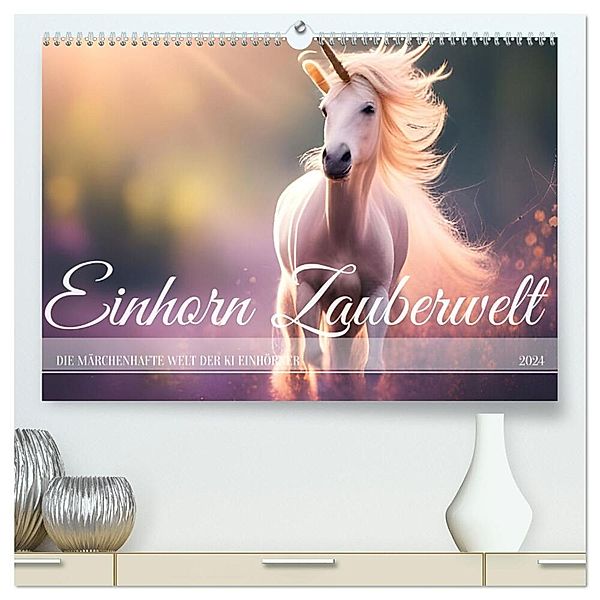 Einhorn Zauberwelt - Die märchenhafte Welt der KI Einhörner (hochwertiger Premium Wandkalender 2024 DIN A2 quer), Kunstdruck in Hochglanz, Fred Schimak