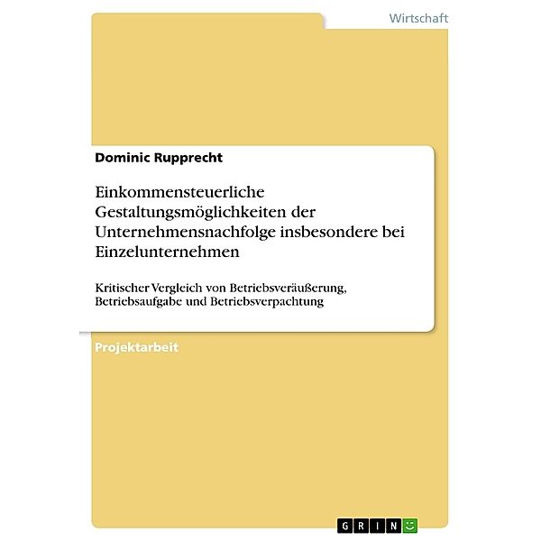 Einkommensteuerliche Gestaltungsmöglichkeiten der Unternehmensnachfolge insbesondere bei Einzelunternehmen, Dominic Rupprecht