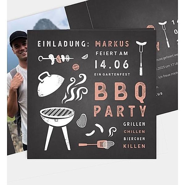 Einladungskarte BBQ Grillfest, Klappkarte quadratisch (145 x 145mm)