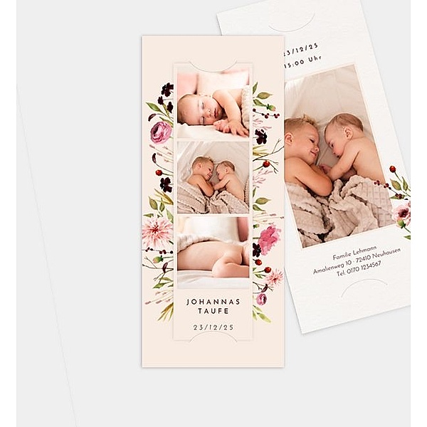 Einladungskarte Blumenaquarell, Fotostreifen mit Tasche (90 x 210mm)