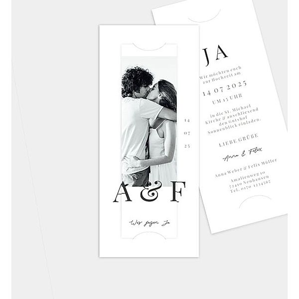 Einladungskarte Editorial wedding style, Fotostreifen mit Tasche (90 x 210mm)