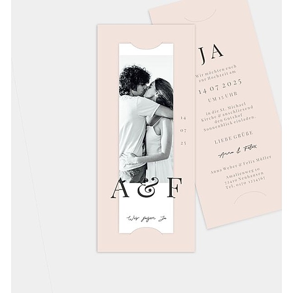 Einladungskarte Editorial wedding style, Fotostreifen mit Tasche (90 x 210mm)