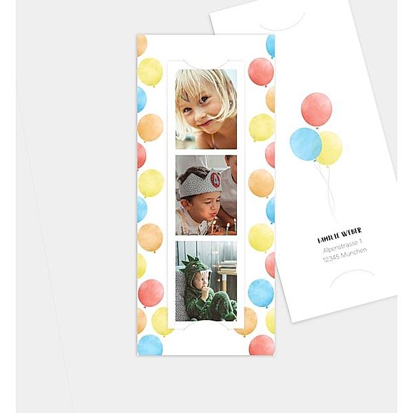 Einladungskarte Luftballons, Fotostreifen mit Tasche (90 x 210mm)