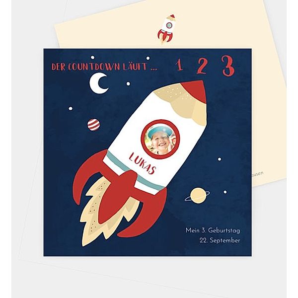 Einladungskarte Rakete, Postkarte quadratisch (145 x 145mm)