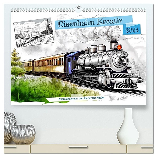 Eisenbahn Kreativ Ausmalkalender und Planer für Kinden (hochwertiger Premium Wandkalender 2024 DIN A2 quer), Kunstdruck in Hochglanz, Anja Frost