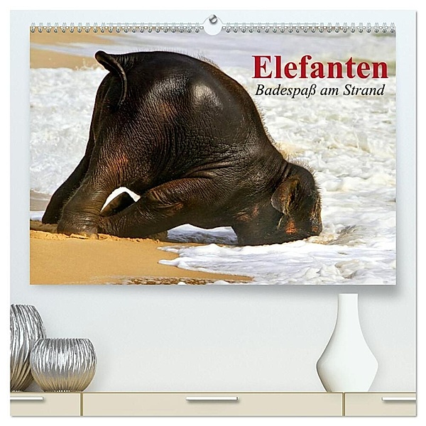 Elefanten. Badespaß am Strand (hochwertiger Premium Wandkalender 2024 DIN A2 quer), Kunstdruck in Hochglanz, Elisabeth Stanzer
