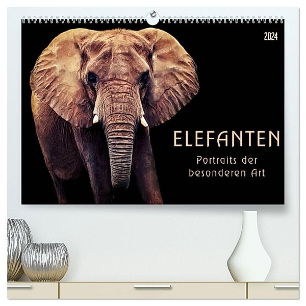 Elefanten - Portraits der besonderen Art (hochwertiger Premium Wandkalender 2024 DIN A2 quer), Kunstdruck in Hochglanz, AD DESIGN Photo + PhotoArt, Angela Dölling