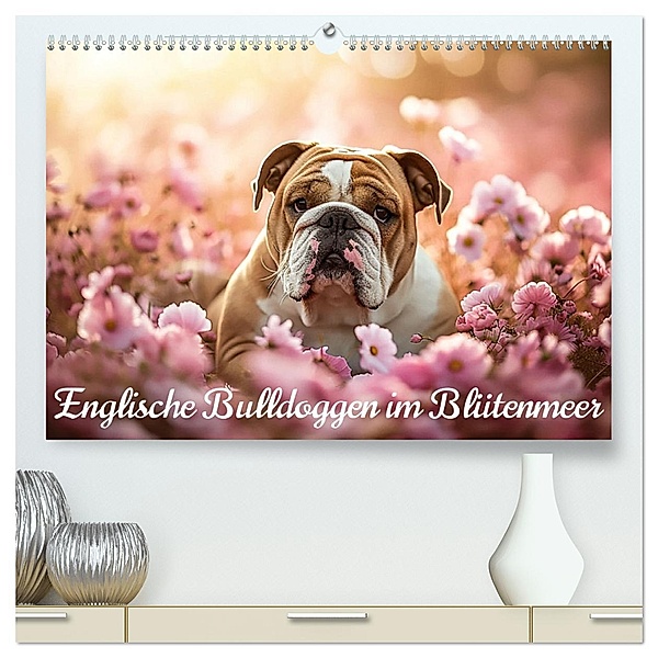 Englische Bulldoggen im Blütenmeer (hochwertiger Premium Wandkalender 2025 DIN A2 quer), Kunstdruck in Hochglanz, Calvendo, Ally Bee