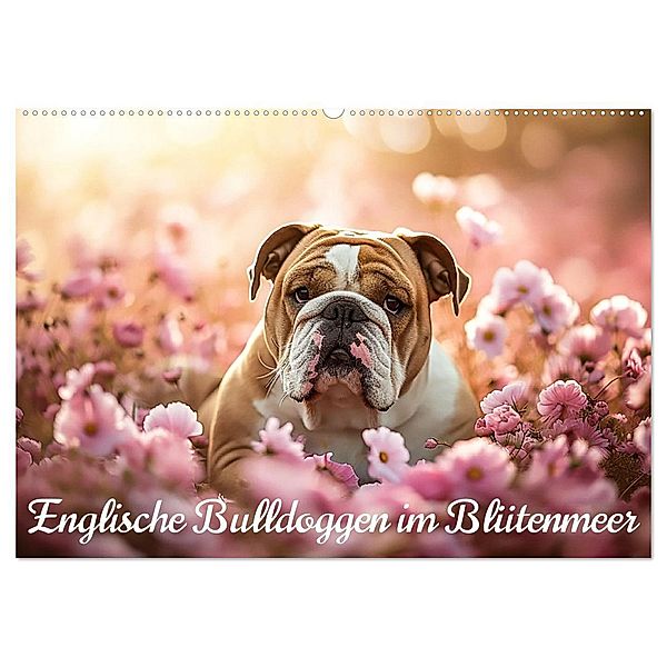 Englische Bulldoggen im Blütenmeer (Wandkalender 2025 DIN A2 quer), CALVENDO Monatskalender, Calvendo, Ally Bee