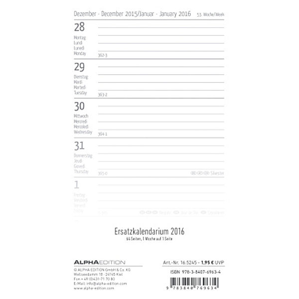Ersatzkalendarium für Taschenplaner 2016