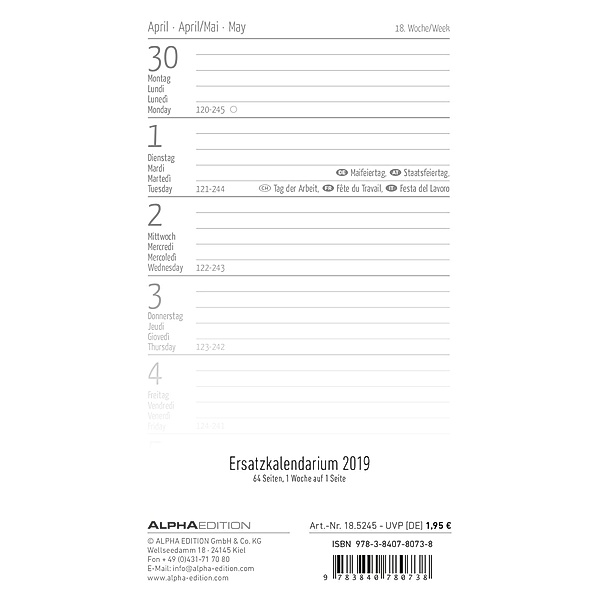 Ersatzkalendarium für Taschenplaner 2019, ALPHA EDITION