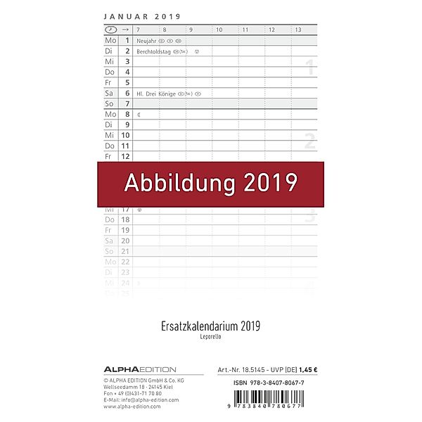 Ersatzkalendarium für Taschenplaner Leporello 2020, ALPHA EDITION