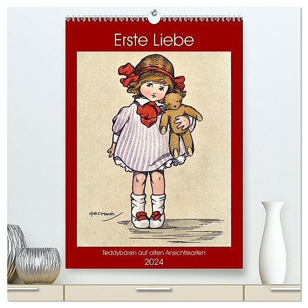Erste Liebe - Teddybären auf alten Ansichtskarten (hochwertiger Premium Wandkalender 2024 DIN A2 hoch), Kunstdruck in Hochglanz, Henning von Löwis of Menar