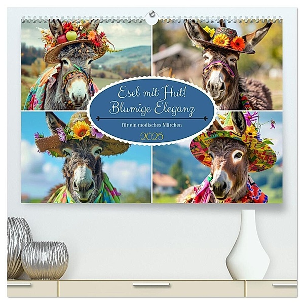 Esel mit Hut! Blumige Eleganz für ein modisches Märchen (hochwertiger Premium Wandkalender 2025 DIN A2 quer), Kunstdruck in Hochglanz, Calvendo, Rose Hurley