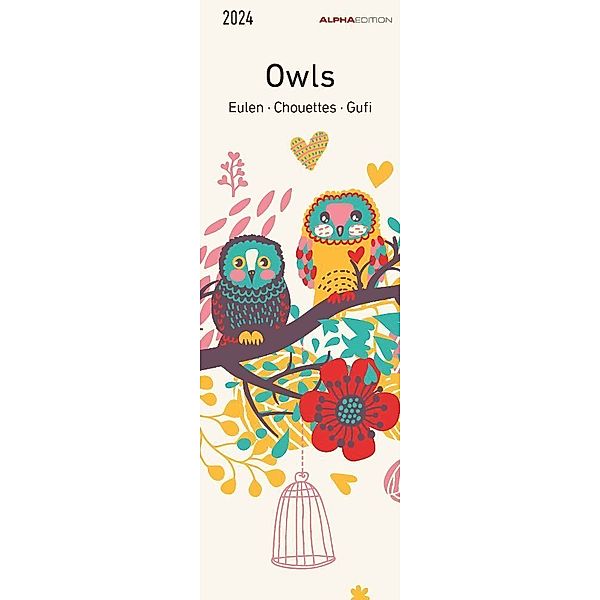 Eulen 2024 - Lesezeichenkalender 5,5x16,5 cm - Owls - Tierkalender - Lesehilfe - Alpha Edition