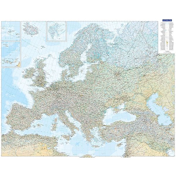 Europakarte physikalisch Poster 1:4,5 Mio. Plano gerollt in Röhre 126 x 99,6