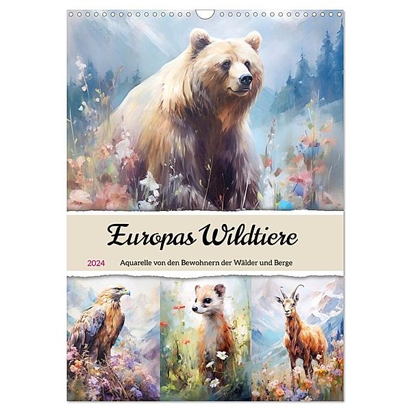 Europas Wildtiere. Aquarelle von den Bewohnern der Wälder und Berge (Wandkalender 2024 DIN A3 hoch), CALVENDO Monatskalender, Rose Hurley