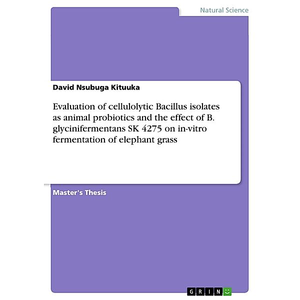 Evaluation of cellulolytic Bacillus isolates as animal probiotics and the effect of B. glycinifermentans SK 4275 on in-vitro fermentation of elephant grass, David Nsubuga Kituuka