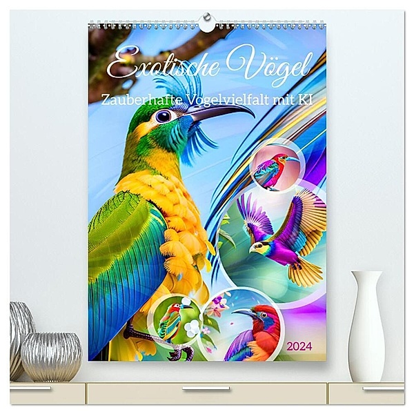 Exotische Vögel. Zauberhafte Vogelvielfalt mit KI (hochwertiger Premium Wandkalender 2024 DIN A2 hoch), Kunstdruck in Hochglanz, Martina Marten