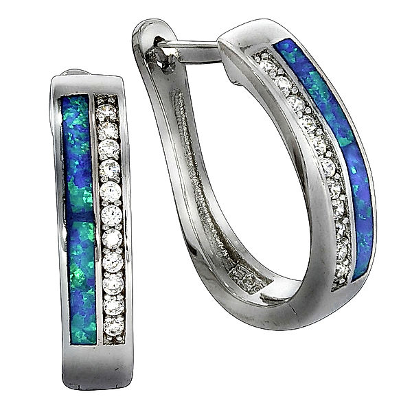 F Creolen 925/- Sterling Silber synth. Opal hellblau 1,9cm Glänzend