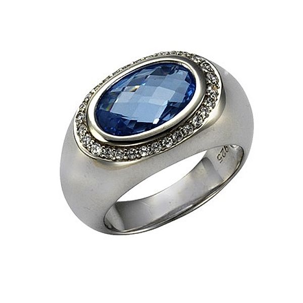 F Ring 925/- Sterling Silber synth. Blautopas hellblau Glänzend (Größe: 058 (18,5))