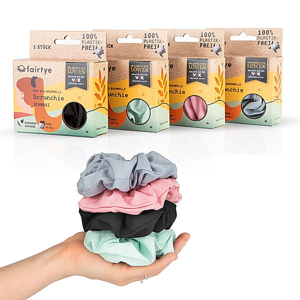 fairtye Scrunchie 4er Set (schwarz, grau, rosa, mint)