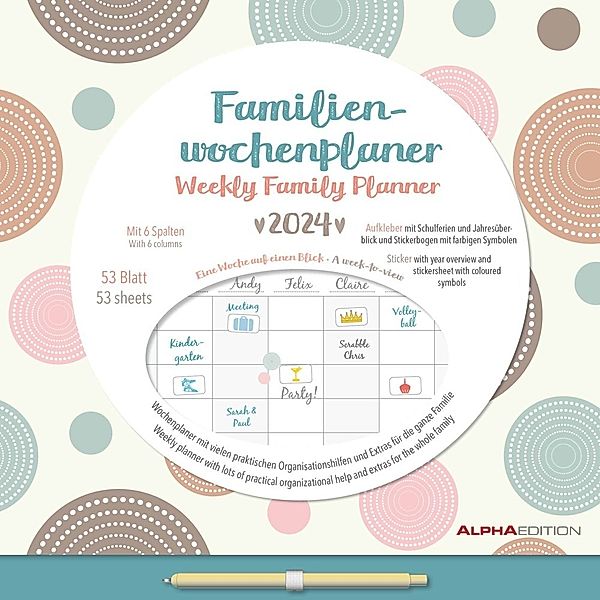 Familien Wochenkalender Dots 2024 - Familien-Timer - Termin-Planer - Kinder-Kalender - Familien-Kalender - 30,5x30,5