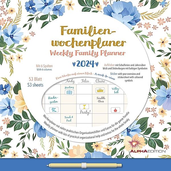 Familien Wochenkalender Flowers 2024 - Familien-Timer - Termin-Planer - Kinder-Kalender - Familien-Kalender - 30,5x30,5