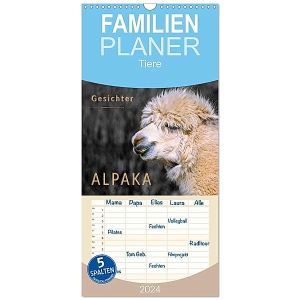 Familienplaner 2024 - Alpaka Gesichter mit 5 Spalten (Wandkalender, 21 x 45 cm) CALVENDO, Peter Roder