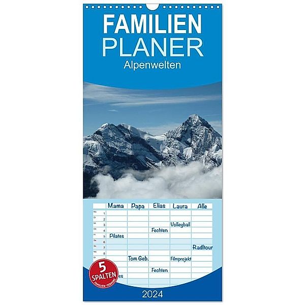 Familienplaner 2024 - Alpenwelten mit 5 Spalten (Wandkalender, 21 x 45 cm) CALVENDO, Kattobello